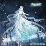  1girl arch artist_request back_bow bare_shoulders blue_dress blue_eyes blue_hair bow character_name circlet closed_mouth commentary copyright_logo dress earrings elbow_gloves english_commentary english_text floating floral_print flower full_body gloves gold_earrings gold_necklace gown hair_flower hair_ornament halter_dress halterneck happy hoop_earrings jewelry lace-trimmed_dress lace_bow lace_trim layered_dress light_particles logo long_hair looking_ahead miracle_nikki necklace night nikki_(series) official_art outdoors outstretched_arms petals pillar pleated_dress print_dress reflective_floor sentimental_snow_(miracle_nikki) sky smile solo star_(sky) starry_sky third-party_source very_long_hair wavy_hair white_bow white_dress white_flower white_gloves 