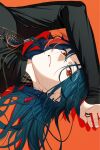  1boy arm_above_head blue_hair commentary_request floating_hair hair_between_eyes highres jewelry kaisei_(nijisanji) long_sleeves looking_to_the_side male_focus multicolored_hair nijisanji no_eyewear orange_background red_eyes ring sideways sideways_glance simple_background solo streaked_hair upper_body uryoko virtual_youtuber 