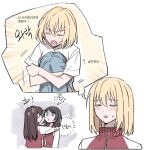  4girls akni bang_dream! bang_dream!_it's_mygo!!!!! black_hair blonde_hair blue_eyes blue_hair blush closed_eyes commentary_request giving_up_the_ghost jacket korean_commentary korean_text long_hair long_sleeves medium_hair misumi_uika multiple_girls open_mouth red_jacket shiina_taki togawa_sakiko translation_request yahata_umiri yuri 