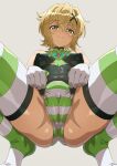  1girl akatsuki_kirika ass ass_visible_through_thighs bare_shoulders blonde_hair blush breasts cameltoe commentary_request covered_navel covered_nipples from_below green_eyes green_leotard hair_ornament highres impossible_clothes impossible_leotard leotard looking_at_viewer medium_breasts senki_zesshou_symphogear shiny_skin short_hair simple_background skin_tight skindentation smile solo spread_legs squatting striped_clothes striped_thighhighs syunzou thighhighs thighs undersuit x_hair_ornament 