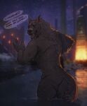  2022 absurd_res annoyed anthro bathing big_muscles blaidd_(elden_ring) blurred_background building butt canid canine canis claws clothes_stolen cross-popping_vein detailed_background dialogue elden_ring english_text first_person_view fromsoftware fur hi_res looking_at_viewer looking_back looking_back_at_viewer male mammal muscular muscular_anthro muscular_male narrowed_eyes night nude open_mouth partially_submerged scar skinny_dipping sky solo standing standing_in_water star starry_sky talking_to_viewer tarnished_(elden_ring) teeth text tongue tuft video_games warrior water wet wet_body wet_fur wolf xeoniios 