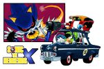  1boy 1girl 2boys 2others 3boys absurdres aiming animal_ears arm_cannon black_shirt blue_car blue_eyes blue_fur blue_hair border bracelet car claws colored_sclera commentary copyright_name damaged driving e-102_gamma english_commentary fang fennec_fox flying furry furry_female furry_male gloves green_eyes green_fur green_hair gun hedgehog_boy highres holding holding_weapon humanoid_robot jewelry kitsunami_the_fennec kolsanart license_plate looking_at_viewer looking_up male_focus mecha metal_sonic motor_vehicle multiple_boys multiple_others no_mouth non-humanoid_robot open_mouth parody pointing police_car purple_background purple_eyes red_eyes retro_artstyle robot rocket_launcher scene_reference shirt size_difference sonic_(series) spiked_bracelet spikes standing steering_wheel style_parody surge_the_tenrec sweatdrop tenrec_girl truck vehicle_focus weapon white_background white_border white_gloves 