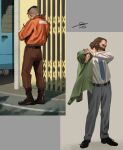  2boys belt black_hair blazer blue_necktie bomber_jacket boots brown_hair buzz_cut collared_shirt commentary disco_elysium dressing english_commentary facial_hair full_body green_jacket harry_du_bois head_tilt highres jacket kim_kitsuragi male_focus multiple_boys mutton_chops necktie nurve26 orange_jacket shirt short_hair standing very_short_hair white_shirt writing 