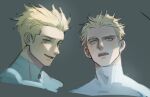  1boy blonde_hair blue_eyes bodysuit commentary covered_collarbone english_commentary grey_background highres kookirani looking_at_viewer medium_sideburns millions_knives mole mole_under_eye multiple_views open_mouth raised_eyebrow sideburns smile trigun trigun_stampede white_bodysuit 