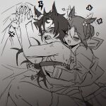  2girls afterimage air_shakur_(umamusume) air_shakur_(unsigned)_(umamusume) anger_vein angry animal_ears behind_another blush closed_eyes commentary_request ear_wiggle eyebrow_piercing face_piercing fine_motion_(umamusume) from_above grabbing_another's_breast grabbing_from_behind greyscale groping hair_between_eyes hair_bun hand_under_clothes hand_under_shirt happy heart horse_ears long_sleeves low-cut_armhole lying midriff minto_sazanami monochrome multicolored_hair multiple_girls navel nose_blush on_side open_mouth piercing sharp_teeth shirt short_hair shorts single_hair_bun skirt smile stomach sweat teeth traditional_media two-tone_hair umamusume v-shaped_eyebrows veins veiny_arms veiny_hands yuri 