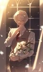  1boy :d bouquet brown_vest closed_eyes flower glasses highres holding holding_bouquet koeda_(k83_4) necktie open_mouth polo_shirt red_necktie rose shirt short_hair sleeves_rolled_up smile solo tears_of_themis vest vyn_richter_(tears_of_themis) white_flower white_hair white_rose white_shirt window 