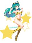  1girl animal_print boots breasts cleavage commentary dopamine70 full_body green_hair highres horns long_hair looking_at_viewer lum medium_breasts simple_background solo star_(symbol) tiger_print twitter_username urusei_yatsura white_background 