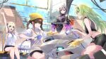  4girls absurdres black_skirt black_tiara blonde_hair blue_eyes braid brown_hair chime_(nikke) commentary_request crown_(nikke) drill_hair drill_sidelocks fune_(fune83ojj) goddess_of_victory:_nikke green_eyes green_hair grey_hair hat highres kilo_(nikke) long_hair long_sidelocks mecha modernia_(nikke) modernia_(second_affection)_(nikke) multiple_girls official_alternate_costume red_eyes robot shirt sidelocks skirt smile sweater_vest talos_(nikke) tiara twin_braids white_knight_(nikke) white_shirt yellow_hat 