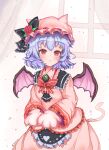  1girl absurdres animal_ears animal_hands apron ascot bat_wings black_apron black_ascot black_bow blue_hair blush bow bowtie cat_ears cat_tail closed_mouth commentary cowboy_shot eyebrows_visible_through_hair flower frilled_shirt_collar frills frown gloves hair_between_eyes hat hat_bow hat_flower highres kemonomimi_mode leaf lips looking_at_viewer mob_cap own_hands_together paw_gloves red_bow red_bowtie red_eyes red_flower red_headwear red_rose red_shirt red_skirt remilia_scarlet rose shirt short_hair skirt skirt_set solo tail touhou twitter_username waist_apron window wings yuzak 