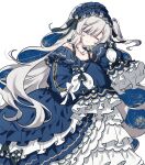  1girl blue_dress blue_hairband bow closed_mouth commentary crescent crescent_necklace dress frilled_dress frilled_sleeves frills gothic_lolita grey_hair hair_over_one_eye hairband highres jewelry lolita_fashion lolita_hairband long_hair long_sleeves mahou_shoujo_no_majo_saiban migolu natsume_an-an necklace one_eye_closed one_side_up polka_dot polka_dot_bow sleeves_past_fingers sleeves_past_wrists solo symbol-only_commentary very_long_hair white_background 