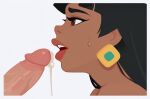  1girl black_hair blunt_bangs border brown_eyes chel_(el_dorado) commentary cum dark-skinned_female dark_skin earrings english_commentary erection hetero highres jewelry long_hair mewmirth open_mouth penis profile simple_background solo_focus sweat teeth the_road_to_el_dorado upper_teeth_only white_background white_border 