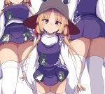  1girl :o ass blonde_hair breasts darumoon from_below hat highres light_blush long_hair long_sleeves looking_at_viewer medium_breasts moriya_suwako multiple_views out_of_frame purple_skirt purple_vest simple_background skirt sleeves_past_wrists thighhighs thighs touhou turtleneck very_long_hair vest white_background white_legwear wide_sleeves yellow_eyes 