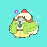  1boy animalization belt bird black_eyes blazer chibi chibi_only chicken collared_shirt commentary disco_elysium english_commentary facial_hair facing_viewer full_body green_jacket harry_du_bois highres horrific_necktie jacket male_focus mutton_chops necktie nurve26 shirt solo standing white_shirt 