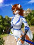  2022 anthro biped blue_eyes brown_nose canid canine clothed clothing detailed_background elvofirida female fox hair hi_res holding_object holding_sword holding_weapon mammal melee_weapon outside plant sky solo standing sword tree weapon 