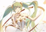  1girl arm_strap bangs breasts chinese_commentary collarbone dated dress floating_hair gold_choker green_eyes green_hair hatsune_miku head_tilt highres jijing_zishui long_hair medium_breasts open_mouth signature smile solo twintails very_long_hair vocaloid white_dress 