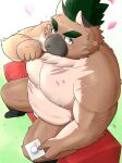  2022 anthro asian_clothing belly black_nose brown_body canid canine canis clothing domestic_dog east_asian_clothing eating food fundoshi hi_res inunodaidokoro japanese_clothing kemono lifewonders male mammal moobs nipples overweight overweight_male scar solo tokyo_afterschool_summoners underwear video_games white_clothing white_fundoshi white_underwear yasuyori 