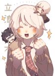  3boys :d akinashi_haru black_hair blush brown_cardigan cardigan character_name chibi chibi_on_head chibi_on_shoulder clenched_hands closed_eyes collared_shirt commentary diagonal-striped_clothes diagonal-striped_necktie dress_shirt dual_persona facing_viewer gloom_(expression) hands_up highres mini_person miniboy momora_men multiple_boys necktie on_head open_cardigan open_clothes pink_eyes red_necktie saihate_eki shirt short_hair smile solo_focus sparkle striped_clothes tatsunami_shion upper_body white_hair white_shirt 