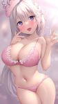  1girl akira_shiun bangs blush bra breasts character_request cleavage collarbone copyright_request hands_up hat highres large_breasts long_hair looking_at_viewer navel panties pink_bra pink_panties purple_eyes smile solo tongue tongue_out underwear underwear_only white_hair 