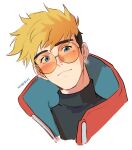  1boy aqua_eyes black_hair black_shirt blonde_hair blue_jacket commentary english_commentary glasses highres jacket kookirani male_focus medium_sideburns mole mole_under_eye multicolored_hair orange-tinted_eyewear portrait red_jacket rimless_eyewear round_eyewear shirt sideburns simple_background solo tinted_eyewear trigun trigun_stampede turtleneck two-sided_fabric two-sided_jacket two-tone_hair vash_the_stampede white_background 