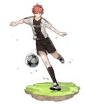  1boy artist_request ball copyright_name grass highres kicking knee_brace mahjong_soul male_focus official_art playing_sports red_hair simple_background soccer_ball soccer_uniform solo sportswear sweatband takigawa_natsuhiko transparent_background white_footwear yellow_eyes yostar 