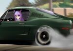  animal_ears bullitt burnout car commentary driving english_commentary ford ford_mustang ford_mustang_(1st_generation) green_car highres horse_ears horse_girl looking_back manziqr mejiro_mcqueen_(umamusume) motor_vehicle movie_reference outdoors pink_eyes pink_hair school_uniform smoke sports_car steve_mcqueen tracen_school_uniform umamusume 