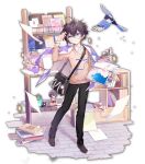  1boy artist_request bag bird bird_request black_hair black_legwear blue_eyes book brick_floor charm_(object) cherry_blossoms drawer flower glasses highres ichihime ichinose_sora jacket mahjong_soul male_focus official_art plant potted_plant purple_jacket shelf simple_background solo sparkle standing sweater transparent_background yostar 