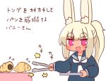  1girl :d animal_ears bangs black_shirt blonde_hair dark-skinned_female dark_skin holding holding_plate long_hair looking_at_viewer masurao_(sekaiju) masurao_2_(sekaiju) naga_u open_mouth plate ponytail purple_eyes rabbit_ears rabbit_girl sailor_collar school_uniform seashell sekaiju_no_meikyuu sekaiju_no_meikyuu_5 shell shirt simple_background smile solo translation_request white_background 