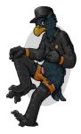  anthro avian beak bird bird_feet black_legs clothed clothing feathers genitals germ_warfare_(nitw) hand_on_knee hand_on_leg hat headgear headwear hi_res looking_at_viewer male night_in_the_woods orange_clothing orange_underwear partially_clothed penis shirt_up showing_penis simple_background tapering_penis underwear underwear_down video_games yellow_eyes zterry 