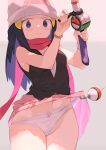  1girl beanie black_hair black_shirt blue_eyes blush bracelet clothes_pull cowboy_shot dawn_(pokemon) fishing_rod hat highres hook jewelry long_hair panties panty_pull pantyshot pink_scarf pink_skirt pokemon pokemon_(game) pokemon_dppt scarf shirt skirt skirt_pull sleeveless sleeveless_shirt solo spring2013 sweatdrop underwear white_panties 