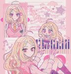  1girl ahoge akamatsu_kaede arrow_(symbol) blonde_hair blush breasts character_name chibi collared_shirt commentary crest danganronpa_(series) danganronpa_v3:_killing_harmony eyelashes film_grain hair_ornament heart highres instrument kneehighs long_hair long_sleeves looking_at_viewer musical_note musical_note_hair_ornament musical_note_print necktie outline piano pink_outline pink_sweater_vest pink_theme pink_vest pleated_skirt purple_eyes school_uniform shirt skirt smile socks star_(symbol) sweater_vest user_jxyx4535 vest white_bag white_shirt 