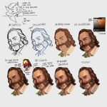  1boy blazer brown_hair collared_shirt commentary disco_elysium english_commentary english_text facial_hair green_jacket hair_slicked_back harry_du_bois highres jacket making-of male_focus mullet multiple_views mutton_chops nurve26 portrait shirt white_shirt 