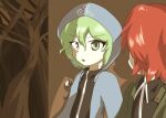  2others against_wall androgynous anime_coloring armband bad_id bad_pixiv_id bare_tree black_shirt blue_jacket buttons collared_shirt detached_hood dot_nose fake_screenshot green_eyes green_hair green_jacket hair_between_eyes hood hood_down hood_up hooded_jacket image_sample jacket jandare jynx_(style) len'en long_sleeves looking_ahead looking_at_another multiple_others official_style open_clothes open_jacket open_mouth other_focus outdoors pixiv_sample red_hair shadow shirt shitodo_aoji shitodo_hooaka short_hair siblings tree turtleneck turtleneck_shirt upper_body zipper 