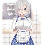  1girl alternate_costume apron blue_apron blue_bow blue_bowtie blue_eyes blue_skirt bow bowtie breasts commission employee_uniform gingham gingham_apron hair_ornament hair_over_one_eye hairclip hamakaze_(kancolle) high-waist_skirt kantai_collection kobeya_uniform large_breasts looking_at_viewer plaid plaid_apron pleated_shirt shirt short_hair silver_hair skeb_commission skirt smile solo uniform waitress white_shirt yamashichi_(mtseven) 