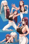  1girl absurdres all_fours arms_up balancing bangs bare_shoulders barefoot bent_over black_bra blush bottle bra breasts cleavage drinking exercise feet from_side half-closed_eyes hand_on_hip highres large_breasts long_hair looking_at_viewer midriff mole mole_on_breast navel noah_(pixiv) original pants parted_bangs red_hair sideboob sports_bra stretch underwear water_bottle white_legwear yoga_pants 