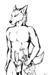  absurd_res animal_genitalia anthro arcwolfdragon athletic athletic_male balls blaidd_(elden_ring) canid canine canis elden_ring erection fur genitals grin hi_res holding_object holding_sword holding_weapon knot looking_at_viewer male mammal melee_weapon monochrome muscular muscular_anthro muscular_male nude pecs penis presenting sheath smile sword weapon wolf 