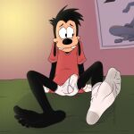  absurd_res anthro bulge canid canine canis clothed clothing disney domestic_dog erection erection_under_clothing feet foot_focus footwear goof_troop harzu hi_res male mammal max_goof shirt socks solo topwear underwear 