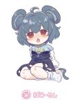  1girl ahoge animal_ear_fluff animal_ears arm_support bangs bare_legs blush capelet chestnut_mouth chibi commentary_request cookie_(touhou) dot_nose dress eyebrows_visible_through_hair full_body gem grey_dress grey_hair hair_between_eyes jewelry long_sleeves looking_at_viewer mouse_ears mouse_tail nazrin necklace no_shoes nyon_(cookie) open_mouth pendant red_eyes short_hair simple_background sitting smile socks solo tail touhou translation_request tsuzuchii white_background white_legwear white_sleeves yokozuwari 