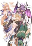  1girl 3boys aqua_hair argyle_clothes argyle_pantyhose armor bare_shoulders belt beret black_hair blonde_hair blush boots bottle braid breastplate breasts bright_pupils cape carrying carrying_person carrying_under_arm closed_eyes coat commentary cross_scar detached_sleeves dragon_boy dragon_horns dragon_tail dragon_wings dress drunk durin_(genshin_impact) ear_ornament english_commentary english_text face_down facial_mark facing_another fangs flying_sweatdrops forehead_mark gauntlets genshin_impact gloves gradient_eyes gradient_hair green_cape green_hat green_shorts grin hair_between_eyes hair_ornament hand_on_another's_head hat high_heels highres holding holding_bottle horns large_breasts legs_apart long_hair long_sleeves looking_at_another mullet multicolored_eyes multicolored_hair multiple_boys multiple_scars nicole_reeyn open_mouth pants purple_hair rchella red_eyes scar scar_on_arm scar_on_cheek scar_on_face shorts shoulder_carry side_braids single_gauntlet sitting_on_arm slit_pupils smile standing tail thigh_belt thigh_strap twin_braids two-tone_eyes two-tone_hair varka_(genshin_impact) venti_(genshin_impact) very_long_hair white_hat white_pupils wings x-shaped_eyewear yellow_eyes 