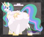 absurd_res arceus_tummy belly big_belly big_butt blush butt cutie_mark equid equine feathered_wings feathers female feral friendship_is_magic hair hasbro hi_res horn looking_back mammal multicolored_body multicolored_hair my_little_pony mythological_creature mythological_equine mythology onomatopoeia open_mouth overweight princess_celestia_(mlp) rear_view simple_background smile solo sound_effects tail text vore winged_unicorn wings