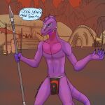  1:1 anthro argonian bethesda_game_studios bottomwear clothing english_text fyreblazes hi_res loincloth male melee_weapon microsoft morrowind polearm purple purple_body purple_scales scales scalie solo spear text the_elder_scrolls weapon 