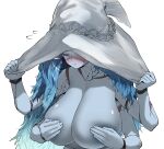  absurdres blue_hair blue_skin blush breasts closed_eyes closed_mouth colored_skin covering covering_nipples elden_ring extra_arms gradient_hair hat highres large_breasts long_hair multicolored_hair ranni_the_witch ricochet-gou simple_background upper_body white_background white_headwear witch_hat 