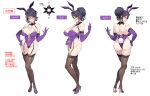  1girl animal_ears ass bangs bare_shoulders black_hair breasts choker cleavage closed_mouth commentary_request concept_art covered_nipples eyebrows_visible_through_hair fake_animal_ears fake_tail fishnet_legwear fishnets from_behind from_side full_body garter_straps gloves hair_ornament hand_on_hip high_heels highleg highleg_leotard highres large_breasts leotard lips lipstick long_hair looking_at_viewer makeup mole mole_on_breast mole_on_thigh mole_under_mouth multiple_views original purple_eyes purple_gloves purple_leotard rabbit_tail seductive_smile senri_gan shiny shiny_hair shiny_skin simple_background smile solo standing strapless strapless_leotard tail thighhighs thighs tied_hair turnaround white_background 