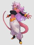  1girl android_21 black_sclera bracelet breasts choker cleavage colored_sclera colored_skin dragon_ball dragon_ball_fighterz earrings full_body hoop_earrings jewelry kemachiku long_hair looking_at_viewer majin_android_21 medium_breasts midriff navel pink_hair pink_skin red_eyes smile solo tail yellow_choker 