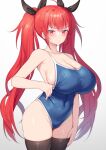  1girl alexmaster azur_lane bangs bare_shoulders blue_swimsuit blush breasts cleavage collarbone covered_navel highleg highleg_swimsuit honolulu_(azur_lane) large_breasts long_hair looking_at_viewer one-piece_swimsuit red_eyes red_hair solo swimsuit thighs twintails 