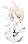  1boy :3 =_= animal animal_ears bangs blonde_hair blue_eyes blush bunny character_request closed_eyes closed_mouth collared_shirt cropped_torso eyebrows_visible_through_hair frilled_shirt_collar frills gakuen_alice holding holding_animal kemonomimi_mode long_sleeves looking_at_viewer male_focus ouri_(aya_pine) parted_bangs rabbit_ears shirt simple_background solo sweat upper_body white_background white_shirt 