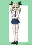  1girl absurdres anchovy_(girls_und_panzer) anzio_school_uniform black_footwear black_neckwear black_ribbon blue_skirt dated dress_shirt drill_hair drops_mint full_body girls_und_panzer green_hair hair_ribbon highres loafers long_hair long_sleeves looking_at_viewer necktie pantyhose pleated_skirt red_eyes ribbon school_uniform shirt shoes skirt solo twin_drills twintails twitter_username white_legwear white_shirt wing_collar 