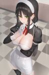  1girl black_hair black_legwear blush breasts choker cleavage covered_navel gloves green_eyes hairband highres kfr long_hair original ponytail solo thighhighs white_gloves 