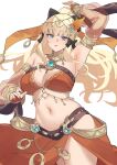  1girl absurdres arm_up armpits belly_chain black_bow blonde_hair blue_eyes blue_gem blush body_jewelry bow breasts bridal_gauntlets circlet cleavage commentary cowboy_shot dancer dancing detached_sleeves elf gem gold_circlet hair_bow harem_outfit highres jewelry large_breasts long_hair looking_at_viewer navel neck_ring o-ring open_mouth orange_bridal_gauntlets orange_sarong orange_veil pinepin pointy_ears princess_connect! saren_(princess_connect!) saren_(sarasaria)_(princess_connect!) sarong see-through_clothes see-through_sleeves simple_background skindentation solo stomach thighs veil white_background 