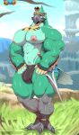  abs ambiguous_gender anthro avian big_biceps big_pecs blue_body bulge chuchu clothed clothing duo feral fero_(greninjabutt) green_body headdress looking_at_viewer male melee_weapon muscular navel nintendo pantheradraws partially_clothed pecs pink_eyes rito solo_focus speedo swimwear sword the_legend_of_zelda thick_thighs topless video_games weapon 