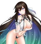  1girl absurdres adapted_costume arm_under_breasts artist_name bikini blue_eyes breasts brown_hair counter:side cy7989 dated highres long_hair looking_at_viewer nail_polish navel shin_jia solo swimsuit white_background white_nails 